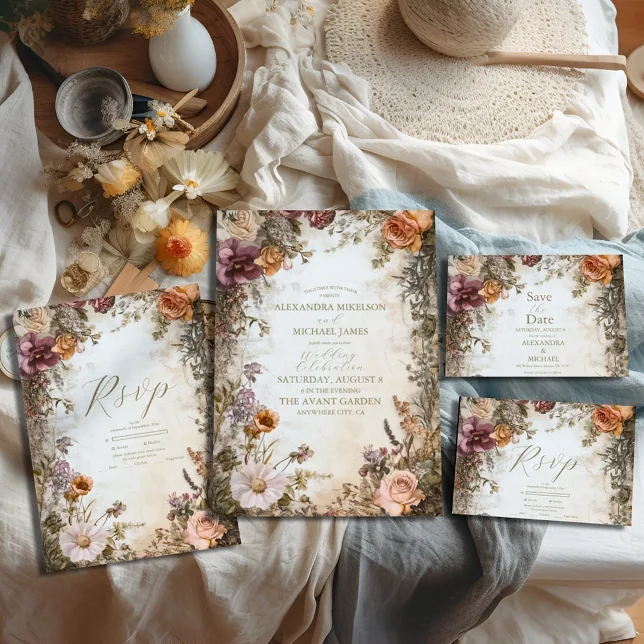 Boho floral wedding invitation suite