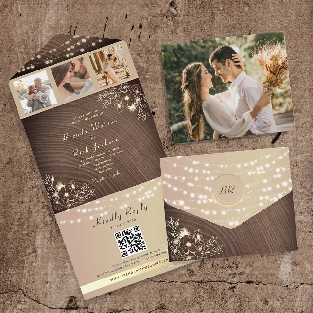 Rustic wedding invitation with photo and QR code